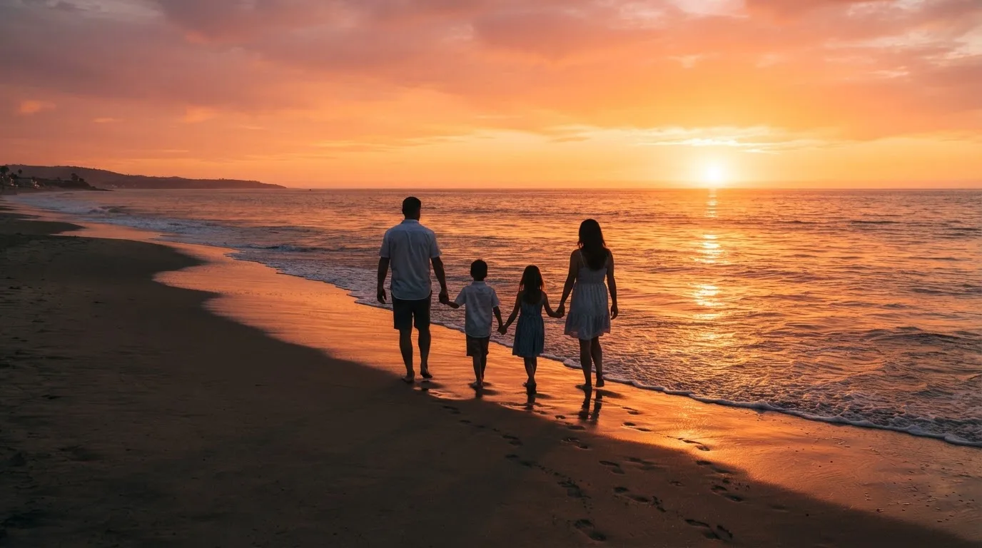 Una famiglia cammina insieme lungo una spiaggia al tramonto, lontana da schermi e dispositivi elettronici.