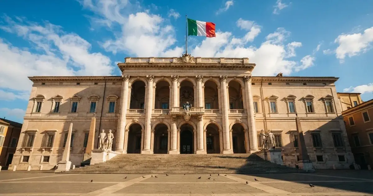 Un edificio governativo italiano con bandiera al vento fotografato dal basso in una giornata di sole.