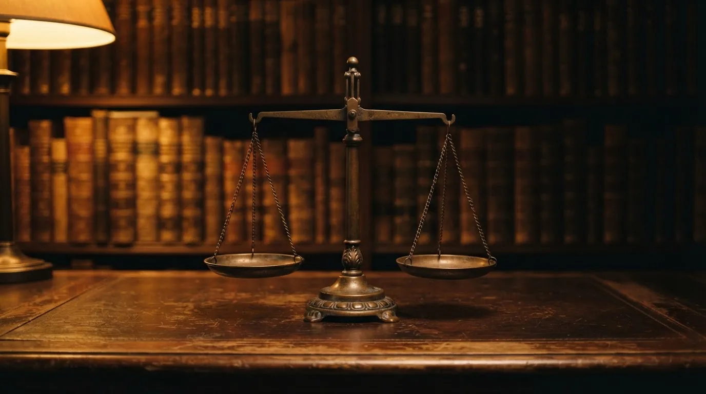 Una bilancia in bronzo posta su un tavolo di legno scuro in uno studio con libreria sfocata sullo sfondo.