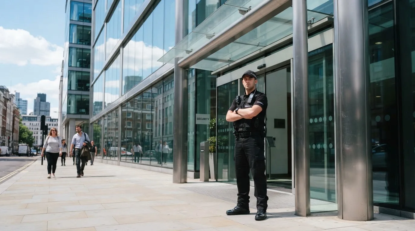 Un agente di sicurezza in uniforme osserva l'ingresso di un edificio moderno di giorno.